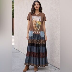 Upcycled PINK FLOYD T DRESS w/denim pockets.